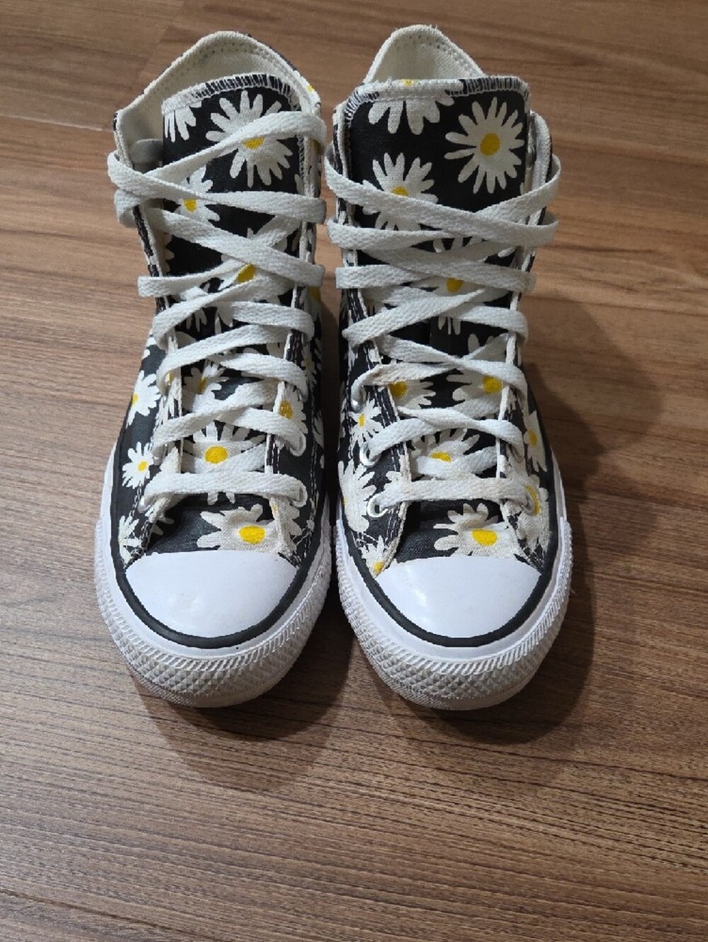 Converse High Top Sneakers - Black with White & Yellow Daisy Print - Picture 7 of 8